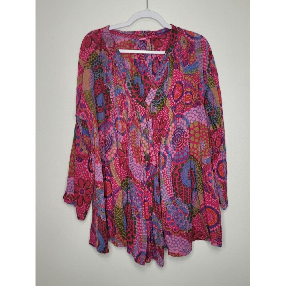 Pink blue geometric print groovy cotton boho beachy long sleeve top button front